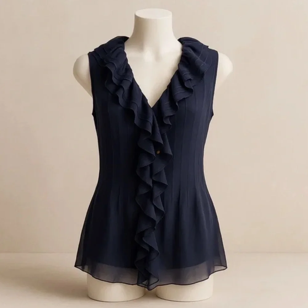 Tory Burch Silk Navy Blue Ruffle V-Neck Blouse w/ Buttons